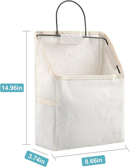 Surblue Wall Hanging Storage Bag with Sticky Hook, Closet Hanging Storage for Pocket, Bathroom Dormitory Organizer Bag, Linen Cotton Organizer Box Containers for Bedroom(White)