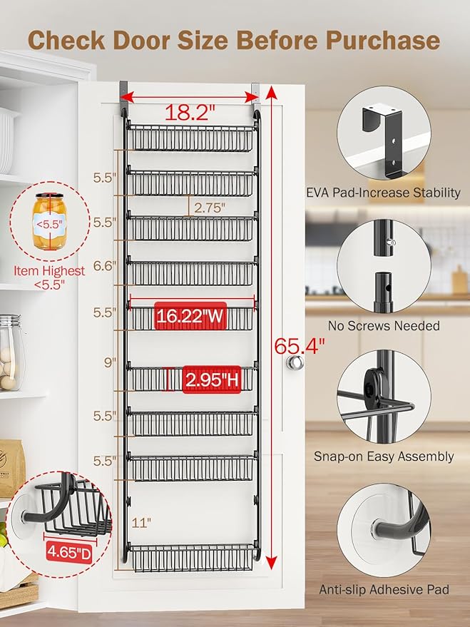 Delamu Over The Door Pantry Organizer, 9-Tier Pantry Door Organizers and Storage with Adjustable Basket, Metal Hanging Spice Rack, Seasoning Organizer, Door Organizer for Home Kitchen Bathroom, Black