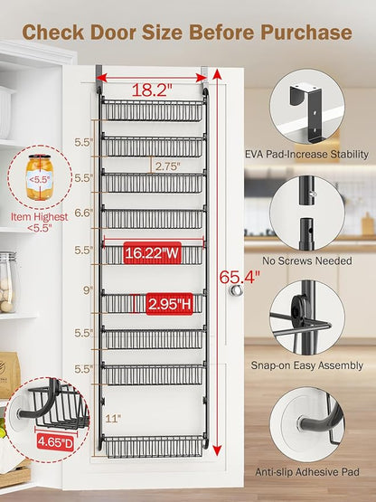 Delamu Over The Door Pantry Organizer, 9-Tier Pantry Door Organizers and Storage with Adjustable Basket, Metal Hanging Spice Rack, Seasoning Organizer, Door Organizer for Home Kitchen Bathroom, Black