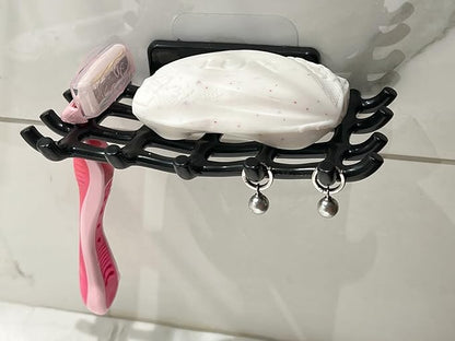 2-Pack Adhesive Bar Soap Holder, No-Drill Wall Mounted Soap Dish for Shower, Self-Draining Soap Saver with Grid Design, Plastic Soap Rack for Bathroom, Kitchen (Black)