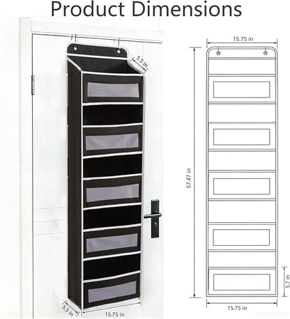 Over The Door Storage Organizer - 5 Shelf Hanging Organizer with 10 Side Pockets, 48 lbs Load Capacity (Anti-Tilt, Clear Windows & Hooks) for Bathroom, Bedroom, Kitchen,Nursery (Black, 1 Pack)