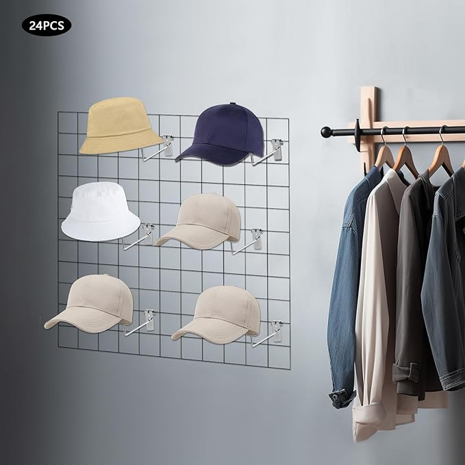 24Pcs Hat Hooks Wire Grid Wall Hat Holder Hat Display Multiple Hooks for Gridwall for Retail Cloth Wardrobe Silver