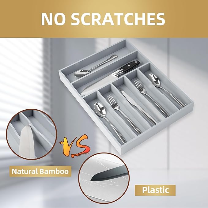 Besilord Silverware Organizer 13 Inch Gray Bamboo Kitchen Drawer Organizer 7 Slots Utensil Organizer Silverware Holder Cutlery Organizer Flatware Tray (Large)