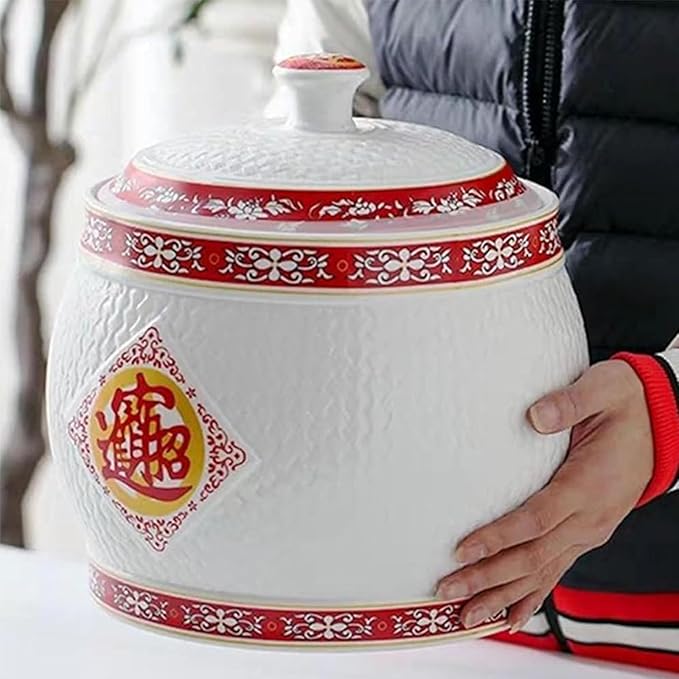 Chinese Ceramic Rice Bucket, Ceramic Rice Cylinder Ceramic Jar with Lid Grain Dispenser, Large Grain Dispenser, Food Storage Container with Lid, Sealed Rice Storage Jar for Noodles Rice Snacks