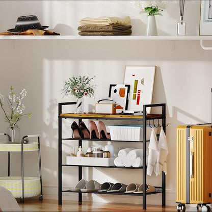 4 Tier Shoe Rack, Shoe Rack for Front Door Entrance with Hook, Steel Frame and Adjustable Mesh Shelves, Metal Shoe Organizer for Entryway, Bedroom, Closet
