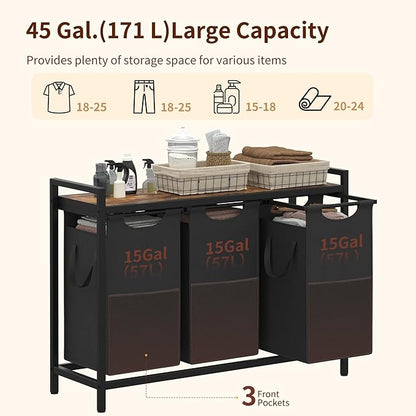 Heybly Laundry Hampers, 3 × 15 Gal (171 L) Laundry Basket with Large Desktop Sorter for Laundry Room Organization, Bathroom and Dorm Laundry Bags on Storage Shelf, Rustic Brown HLH003SR