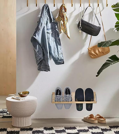 22“ Shoe Rack with Dowel, Wall Hanging Shoe Storage, Organize for Sneaker, Slipper, Boots in Entryway, Hallway, Trailer, RV, Solid Wood_ Beige