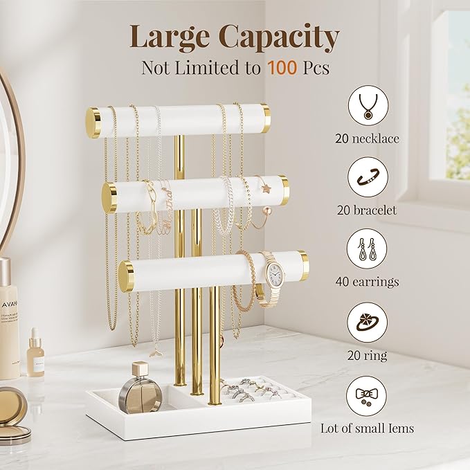 bussdis 3 Tier Bracelet Holder Display - White Leather Bracelet Holder, Detachable T Bar Jewelry Holder Organizer for Bracelet, Necklace, Earrings, Rings, Watches, Bangle