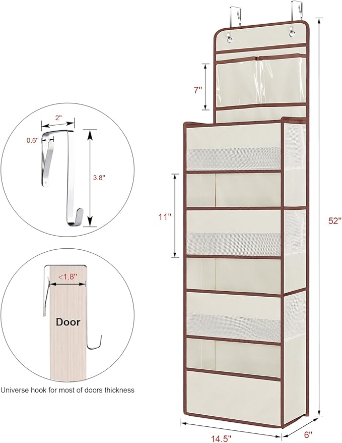 Univivi Over Door Hanging Organizers and Storage Nursery Closet Cabinet Baby Storage with 4 Large Compartments 2 Small PVC Pockets with 6 Side Pockets for Cosmetics, Toys and Sundries (Beige)