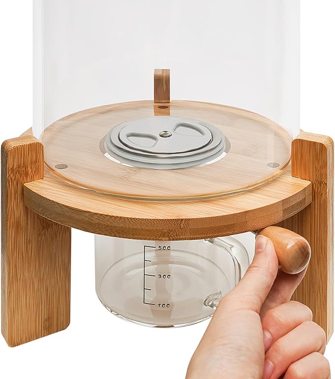 DYNAMI 5L/1.3Gal Glass Rice Dispenser with Airtight Lid,Glass Cereal Dispenser w/Bamboo Stand and Measuring Cup,Bamboo Lid with Thermometer & Silicone Seal Ring,for Kitchen Organization Pantry Store