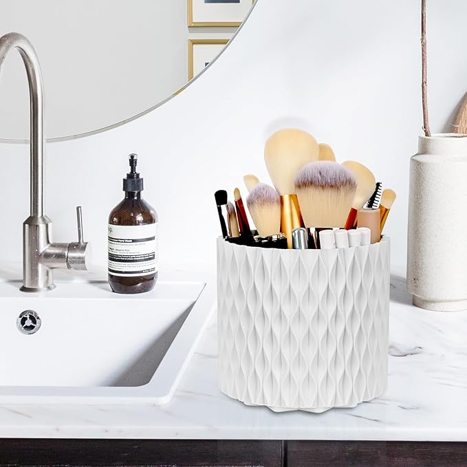 WAFJAMF Makeup Brush Holder 360 Rotating Cosmetics Holders Storage Cup for Vanity Desktop Bathroom Countertop 5 Slot Makeup Brushes Container - Classic Style - Pearl White