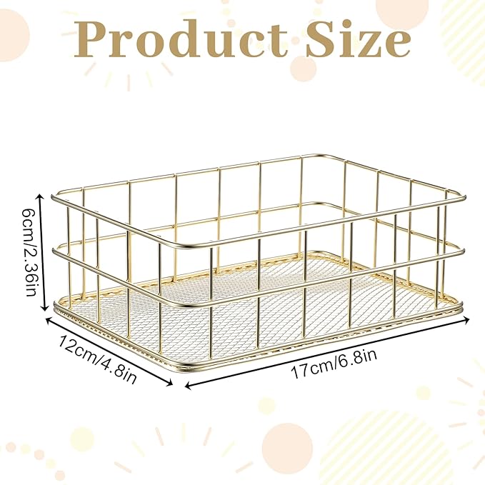 Gold Wire Basket, 6.8x4.8 Inch Gold Small Metal Basket, Versatile Mesh Storage Bin for Home Organization | Decorative Gold Shelf Basket for Home, Desk & Cosmetic Stationery
