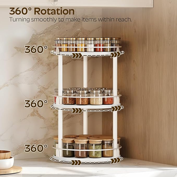 YATINEY Spice Rack, Set of 2 Lazy Susan Organizer, 3-Tier Turntable Organizer For Cabinet, Compact and Versatile, for Kitchen Countertop, White SR23L2WW