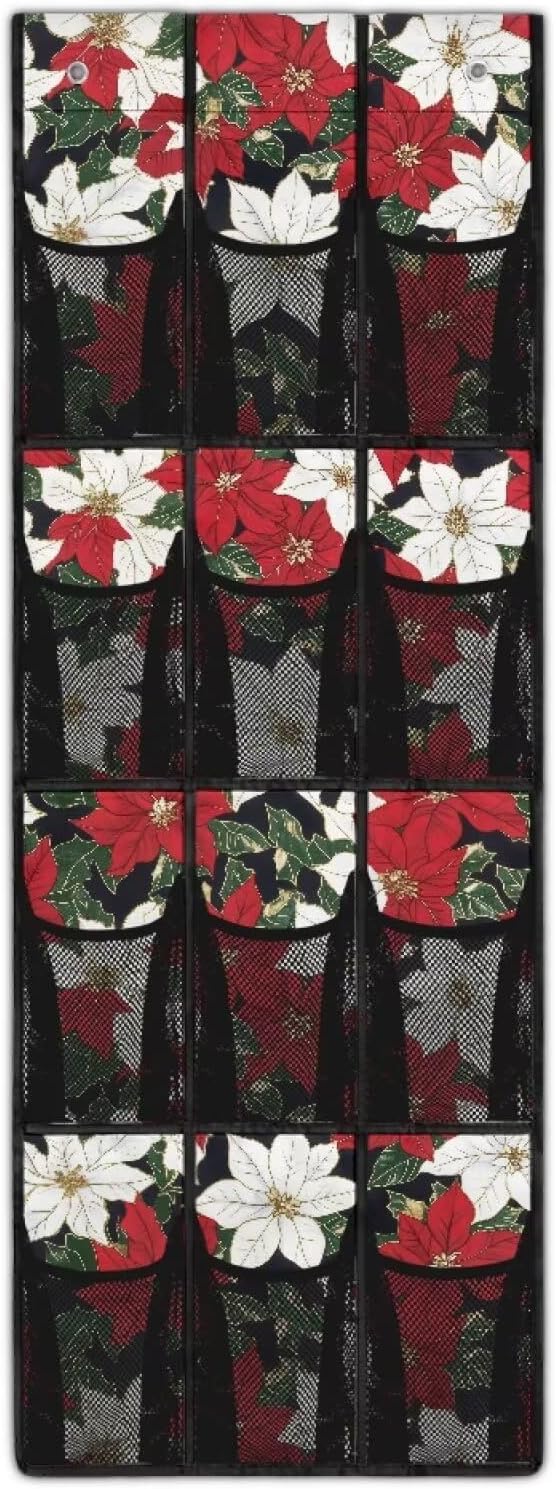 Poinsettia Flower Behind Door Organizer for Dorm Room Essentials,Xmas Decor Over The Door Hanging Organizer for Living Room,Large Capacity and 12 Pockets Wall Hanging Storage
