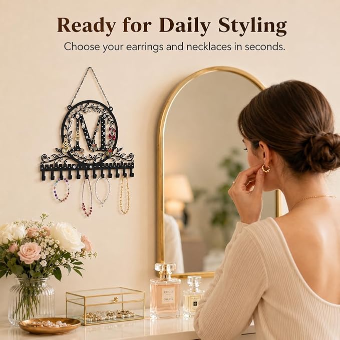 Wall-Mounted Metal Initial Letter M Earring Holder Hanging Jewelry Organizer for Earrings and Necklaces Space-Saving Wall Display with Hooks for Jewelry Storage
