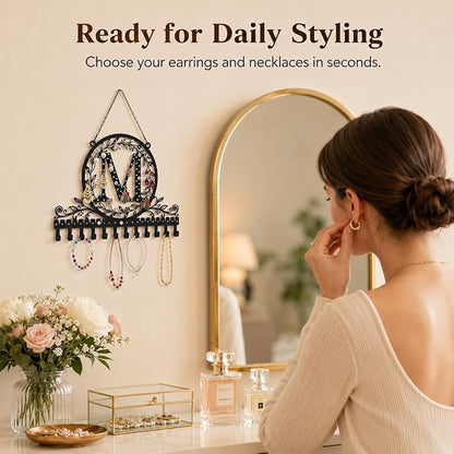 Wall-Mounted Metal Initial Letter M Earring Holder Hanging Jewelry Organizer for Earrings and Necklaces Space-Saving Wall Display with Hooks for Jewelry Storage