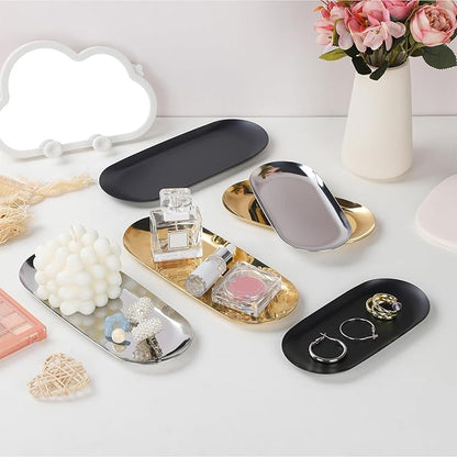 IBWell 2 pcs Gold Decorative Serving Tray for Bathroom, Small Jewelry Tray, Long Tray, Gold Jewelry Tray, Jewelry Bowl Dish Decorative Bathroom Tray-8.9”