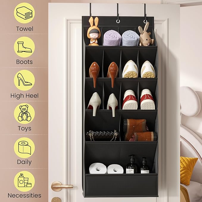 18 Pairs Over the Door Shoe Organizer, Shoe Rack for Closet Door with Large Breathable Pockets, Hanging Shoes Rack for Boots, Behind the Door Organizer Shoe Holder for Categorized Storage, Black