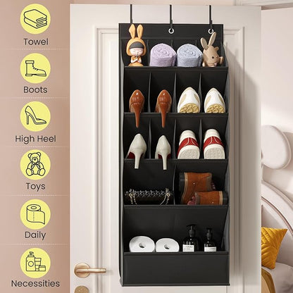 18 Pairs Over the Door Shoe Organizer, Shoe Rack for Closet Door with Large Breathable Pockets, Hanging Shoes Rack for Boots, Behind the Door Organizer Shoe Holder for Categorized Storage, Black