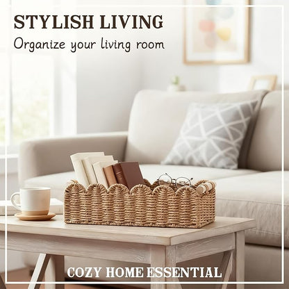 Upgraded Paper Rope Scalloped Edge Toilet Paper Storage Basket, Small Living Room, Bedroom Decor Baskets for Over Toilet Storage Shelf, End Table, Shelves and More, with 2 Wooden Handle (Neutral)