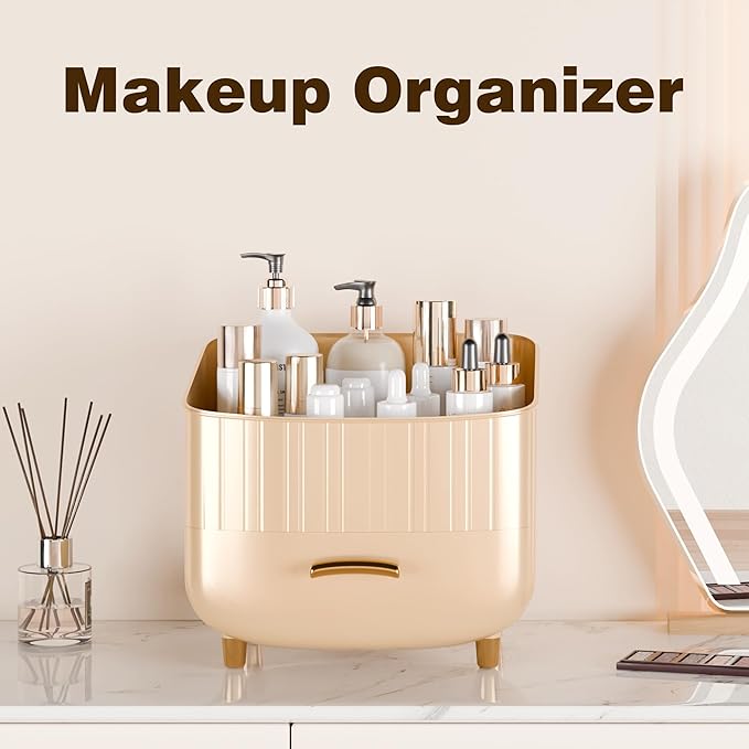 Makeup Organizer Countertop Vanity with Drawers Cosmetic Skincare Bathroom Storage Gift for Women Teens Girls (Beige)