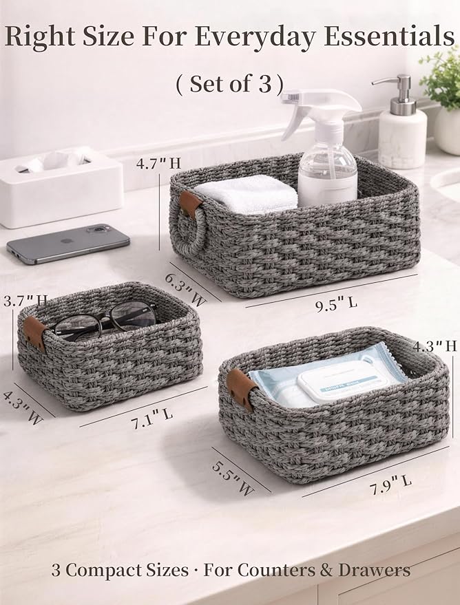 Storage Basket, Recycled Paper Rope Bathroom Basket Organizer, 3Pcs Small Baskets for Organizing, Mini wicker Basket for Decorative Storage Bins, Shelves, Bathroom, Cabinet - Grey