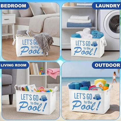 Yungyan Let's Go to The Pool Towel Storage Basket Bin and Organizer Large Pool Towel Storage Basket Waterproof Canvas Cube with Handle Beach Gift for Outdoor Summer Seaside Home Clothes Book Toy