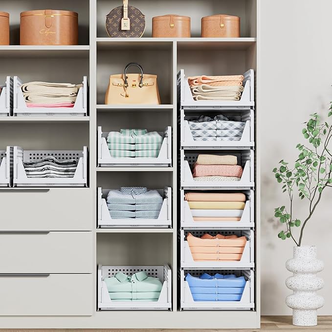 8 Pack Stackable Closet Storage Basket - Stackable Storage Bins, Multifunctional & Foldable Closet Organizer Waterproof, Wardrobe Cupboard Space-Saving Hat Storage Drawer Organizer, White