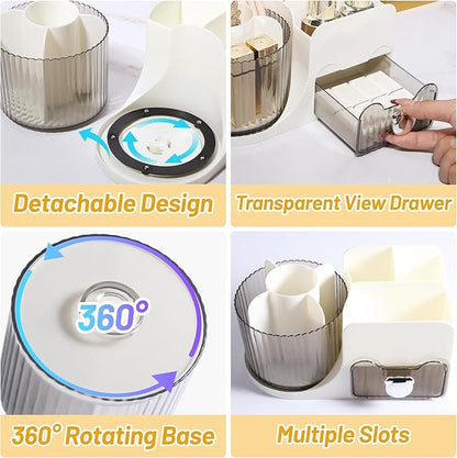 DASITON Makeup Organizer with Drawer, 360° Rotating Makeup Brush Holder, Makeup and Skincare Storage Box, Make Up Organizers for Vantiy, Desktop, Bathroom Countertop, Cosmetic Display Case (White)