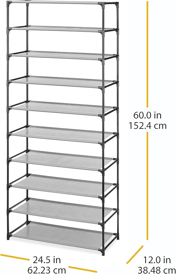 Whitmor Spacemaker 10 Tier Shoe Rack Tower, Tall Metal & Fabric Shoe Shelf Organizer for Entryway, Garage, Holds Shoes, Handbags & Accessories, 12"D×24.5"W×60"H