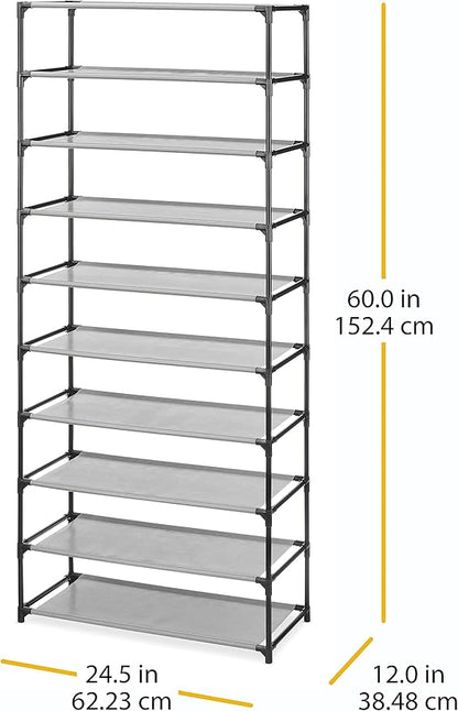 Whitmor Spacemaker 10 Tier Shoe Rack Tower, Tall Metal & Fabric Shoe Shelf Organizer for Entryway, Garage, Holds Shoes, Handbags & Accessories, 12"D×24.5"W×60"H
