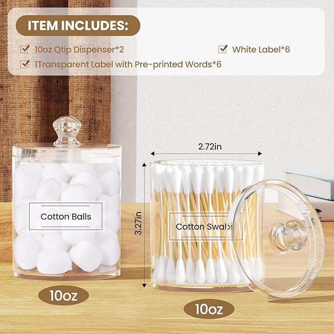 MateeyLife Storage Containers with Lids 2 Pack 10oz, Make Up Organizers for Vanity, Bathroom Organizers and Storage, Q tips for Home and Bathroom Decor, Makeup Holder Set Accessories (Clear)