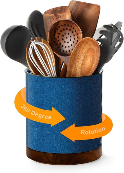 Nucookery 360°Rotating Utensil Holder, 7.2" Large Utensil Crock, White Ceramic Cooking Utensil Organizer,Farmhouse Kitchen Decor Christmas Thanksgiving Gift (Royal blue)