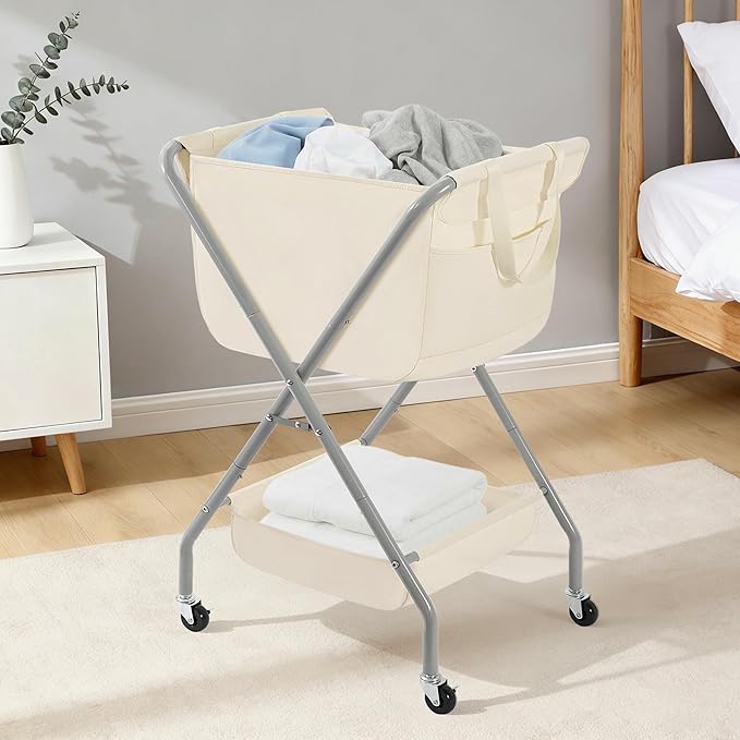 STORAGE MANIAC Collapsible Laundry Cart with Wheels 35.6"H Removable Canvas Bag Rolling Laundry Hamper Clothes Basket with Wheels, Sturdy Steel Frame Folding for Small Narrow Space Easy Storage, Beige