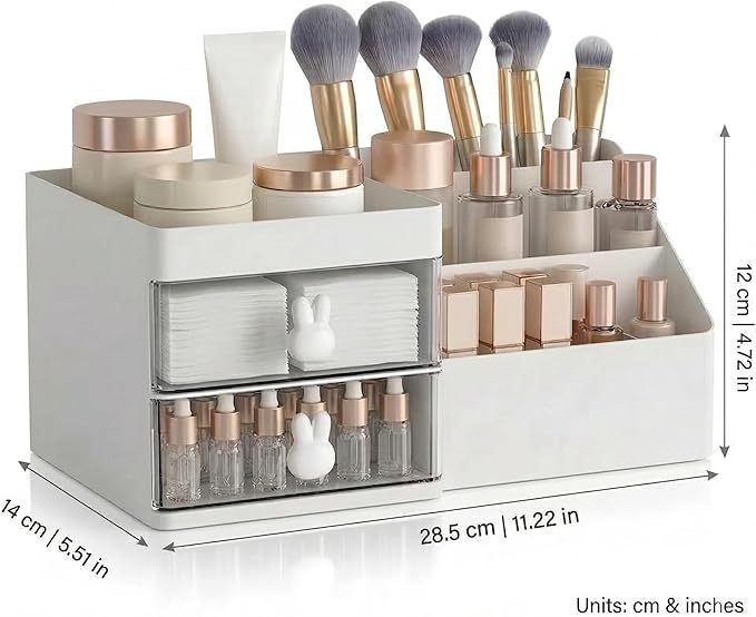 Makeup Organizer With 2 Drawers, Countertop Organizer For Vanity, Bathroom Organizers And Storage, Bathroom And Bedroom Desk Cosmetics Organizer For Skin Care, Brushes, Eyeshadow, Lotions (White)