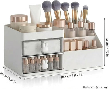 Makeup Organizer With 2 Drawers, Countertop Organizer For Vanity, Bathroom Organizers And Storage, Bathroom And Bedroom Desk Cosmetics Organizer For Skin Care, Brushes, Eyeshadow, Lotions (White)