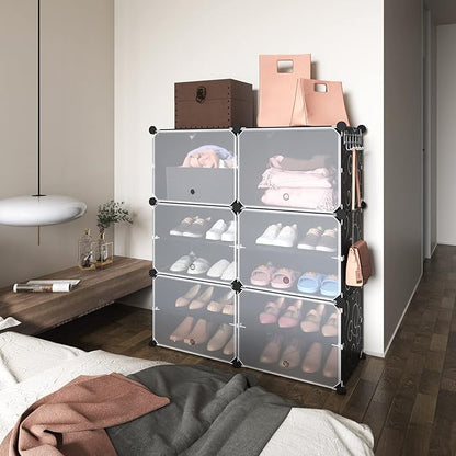 ROJASOP Portable Shoe Rack Organizer 6-Tier Shoe Cabinet 24-Pair Shoe Organizer Shoe Storage Expandable Free Standing Stackable Space Shoe Rack with 2 Exclusive Versatile Hooks for Bedroom Black