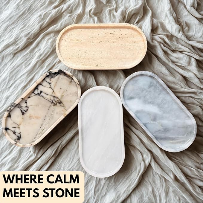 Carrara Gray Marble Oval Bathroom Vanity Tray – 12”x6” Gray Marble Tray for Countertop, Perfume & Jewelry Display | Solid 2cm Thick Stone Tray