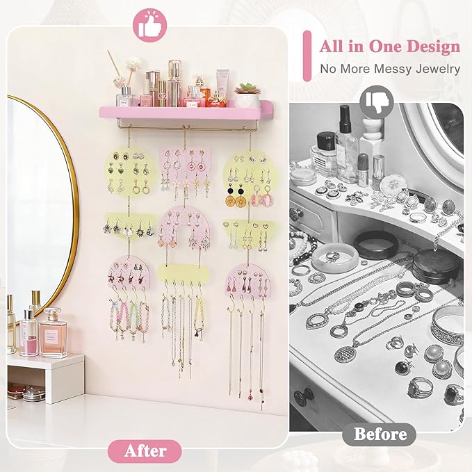 Keebofly Wall Mounted Jewelry Organizer, Hanging Earring Holder with Wood Shelf & Necklace Hooks, Acrylic Pegboard Earring Display Rack for 100+ Pairs Studs, Hoops & Dangles, Decorative Storage, Pink