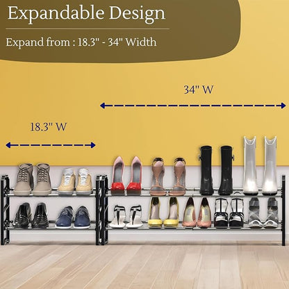 Simple Houseware 2-Tier Expandable (18''-34'') and Stackable Shoe Racks with Shelves for 8 Pairs of Shoes, Black