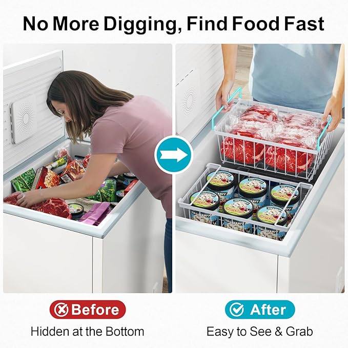 iSPECLE Freezer Organizer Bins - 4 Pack Stackable Chest Freezer Organizer for 5 Cu Ft Deep Freezer Sort Frozen Food, Deep Freezer Organizer Bins Easy to Get Food from Bottom without Digging, White