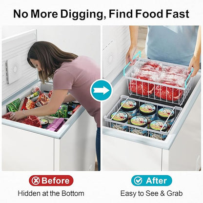 iSPECLE Deep Freezer Organizer, 8 Pack Wire Baskets for 5 Cu.Ft Chest Freezer & Upright Freezers (Over 8.5 Cu.Ft), 14" x 9.4" Stackable Heavy Duty Storage Bins Easy Access to Sort Meat, White