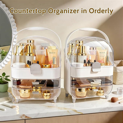 Makeup Organizer with Drawers-Cosmetic Display Case for Vanity|Skincare Organizer with 360 Rotating Brush Holder,Large Storage Box Dresser,Women Gifts Display Cases for Bathroom Countertop, Sliver