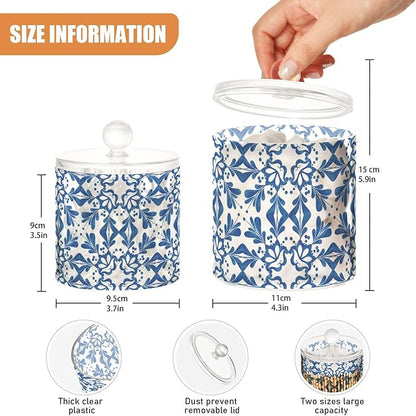 2 Pack Qtip Dispenser Apothecary Jars with Lids Cotton Round Holder Bathroom Canisters for Cotton Swab Floss Ball Pads Clear Plastic Decorative Blue Tiles