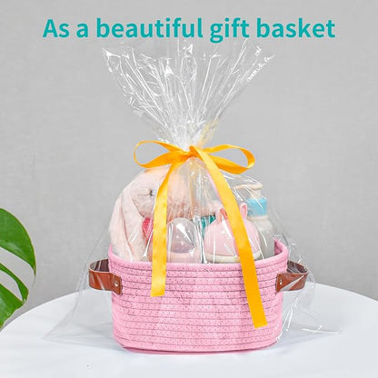 ABenkle Small Storage Basket, Mini Baskets with Handle, Cute Cotton Woven Baskets for Shelves, Boho Decorative Toy Storage Bin for Nursery, Spa, Empty Gift Basket - XS, Pink