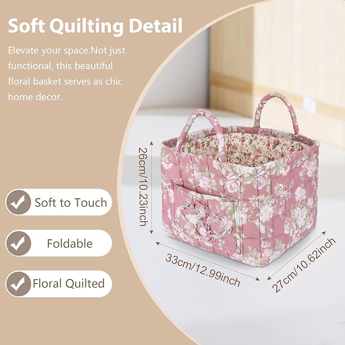 Storage Basket Boho Fabric Large Collapsible Floral Laundry Nursery Hamper Portable Folding Storage for Clothes Toys (Pink)
