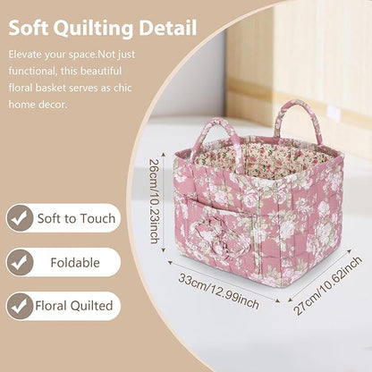 Storage Basket Boho Fabric Large Collapsible Floral Laundry Nursery Hamper Portable Folding Storage for Clothes Toys (Pink)