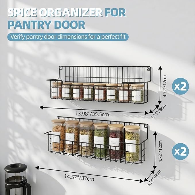 Spice Rack Wall Mount, Spice Organizer for Cabinet & Pantry Door, Set of 4 Hanging Spice Rack Saving Space for Kitchen, Black