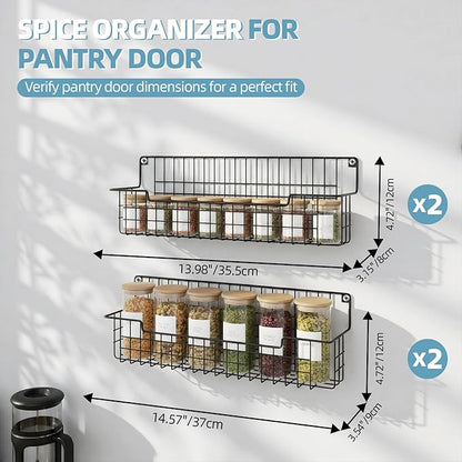 Spice Rack Wall Mount, Spice Organizer for Cabinet & Pantry Door, Set of 4 Hanging Spice Rack Saving Space for Kitchen, Black