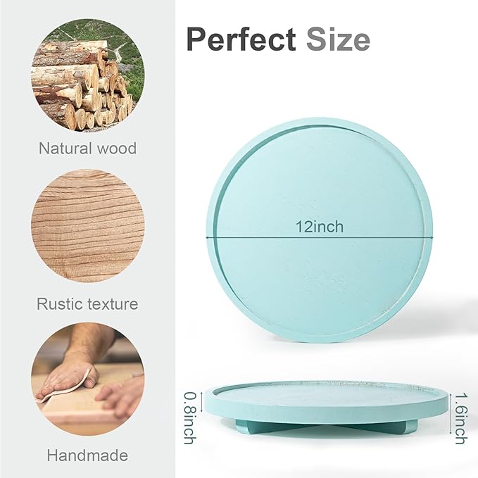Round Decorative Tray Wood Bathroom Counter Organizer Farmhouse Kitchen Decor Wooden Riser for Soap Dish, Perfume, Candle, Sponge, 12" - Light Blue